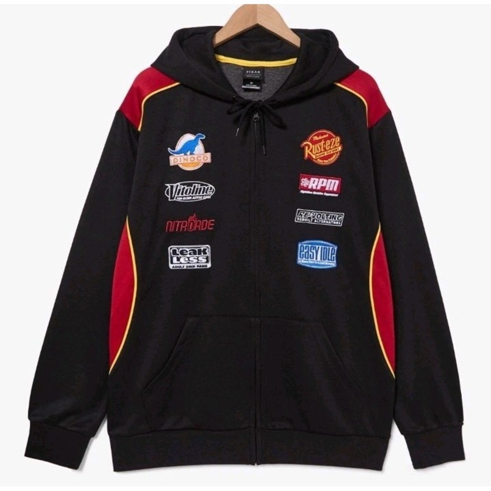 NEW Disney Pixar Cars Lightning McQueen Racing Badges Full Zip Hoodie‎ Mens 2XL